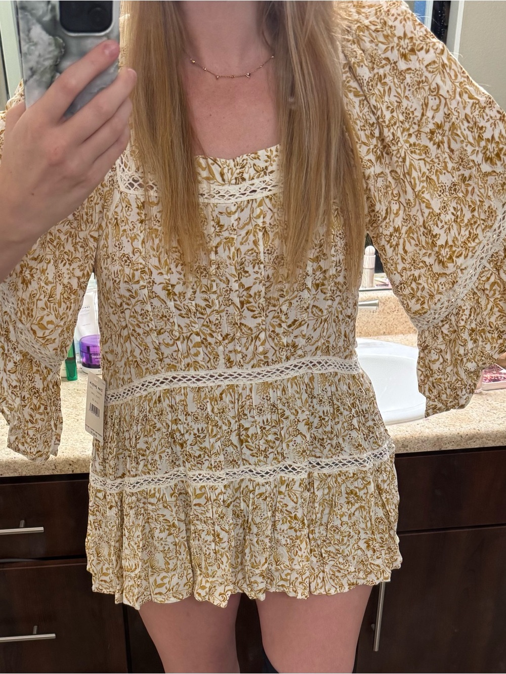 Free People Cream and Mustard Floral Lace-Trim Tunic